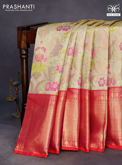 Pure kanchipuram tissue silk saree pista green and dual shade of pinkish red with allover thread & zari woven brocade weaves and long zari woven korvai border