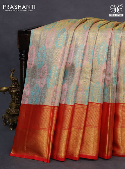 Pure kanchipuram tissue silk saree light pink teal blue and red with allover zari woven brocade weaves and long rich zari woven border
