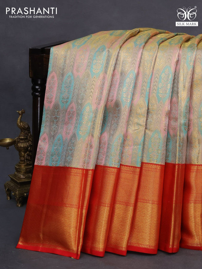 Pure kanchipuram tissue silk saree light pink teal blue and red with allover zari woven brocade weaves and long rich zari woven border