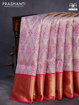 Pure kanchipuram tissue silk saree lavender and pink with allover thread & zari woven brocade weaves and long rich zari woven border