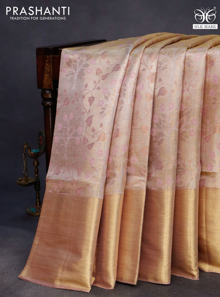 Pure kanchipuram tissue silk saree gold and pastel pink with allover zari woven brocade weaves and long rich zari woven border