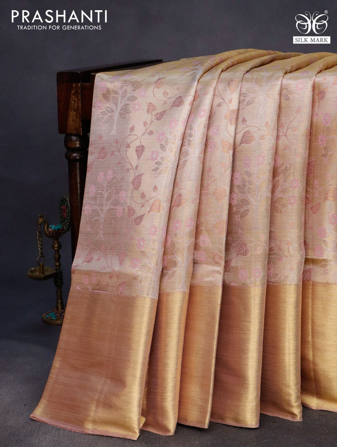 Pure kanchipuram tissue silk saree gold and pastel pink with allover zari woven brocade weaves and long rich zari woven border