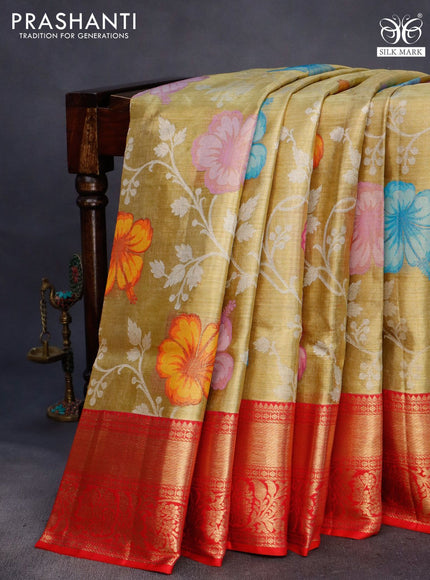 Pure kanchipuram tissue silk saree gold and dual shade of pink with allover zari woven floral brocade weaves and rich zari woven border