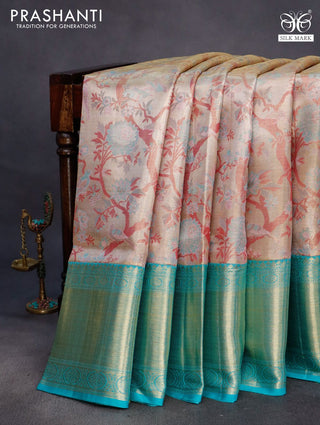Pure kanchipuram silk saree gold and teal blue with allover thread & zari woven brocade weaves and long zari woven border