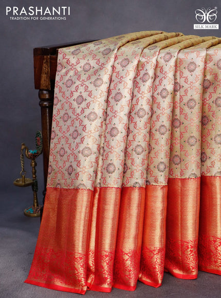 Pure kanchipuram tissue silk saree gold and dual shade of pink with allover zari woven brocade weaves and long rich zari woven border