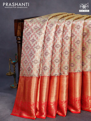Pure kanchipuram tissue silk saree gold and dual shade of pink with allover zari woven brocade weaves and long rich zari woven border