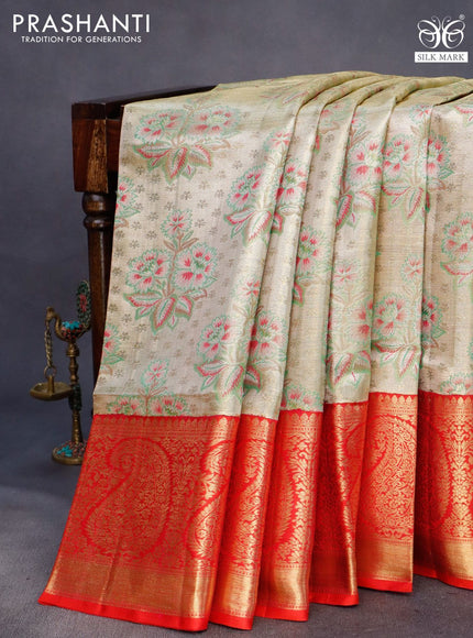 Pure kanchipuram tiisue silk saree gold and dual shade of pink with allover zari woven floral brocade weaves and long rich zari woven paisley border