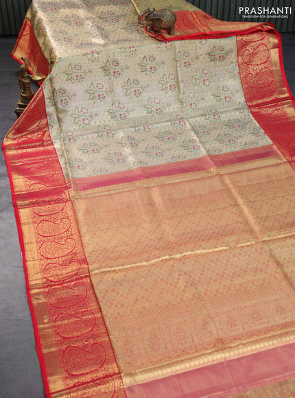Pure kanchipuram tiisue silk saree gold and dual shade of pink with allover zari woven floral brocade weaves and long rich zari woven paisley border