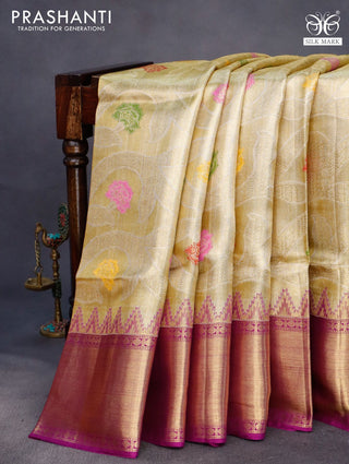 Pure kanchipuram tissue silk saree gold and dual shade of purple with allover zari woven floral brocade weaves and temple design rich zari woven border