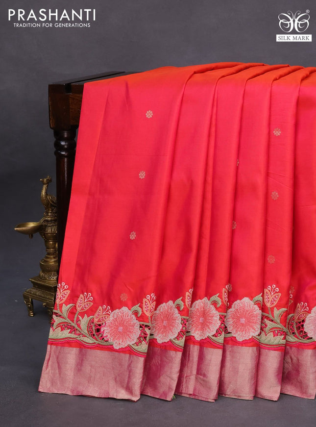 Pure kanchipuram silk saree dual shade of pinkish orange with zari woven buttas and embroidery cut work zari border