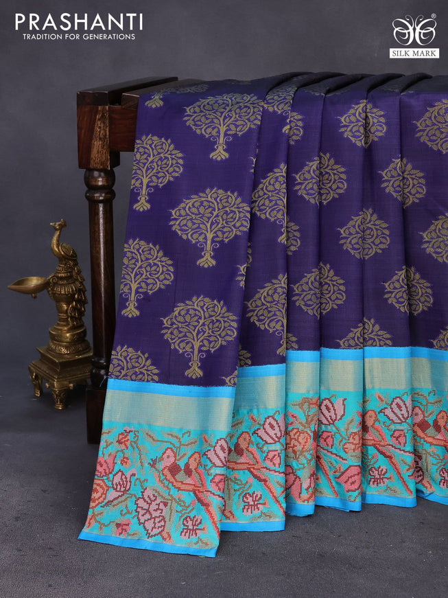 Pure kanchipuram silk saree dark blue and teal blue with thread woven buttas and zari woven embroidery work border