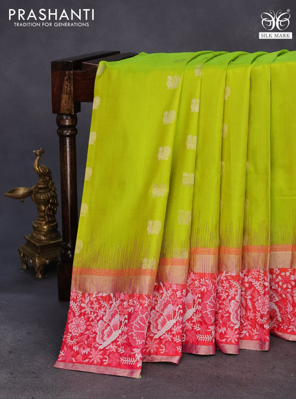 Pure kanchipuram silk saree lime green and dual shade of pink with annam zari woven buttas and embroidery work zari border
