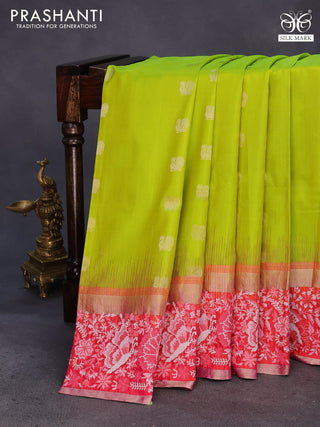 Pure kanchipuram silk saree lime green and dual shade of pink with annam zari woven buttas and embroidery work zari border