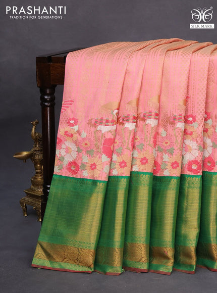 Pure kanchipuram silk saree peach pink and green with allover zari weaves and embroidery work long zari border