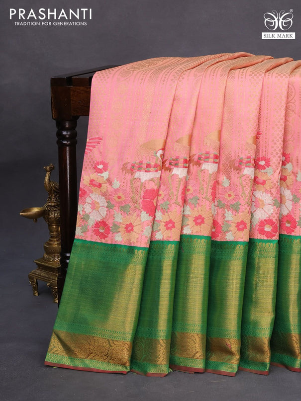 Pure kanchipuram silk saree peach pink and green with allover zari weaves and embroidery work long zari border