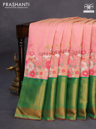 Pure kanchipuram silk saree peach pink and green with allover zari weaves and embroidery work long zari border