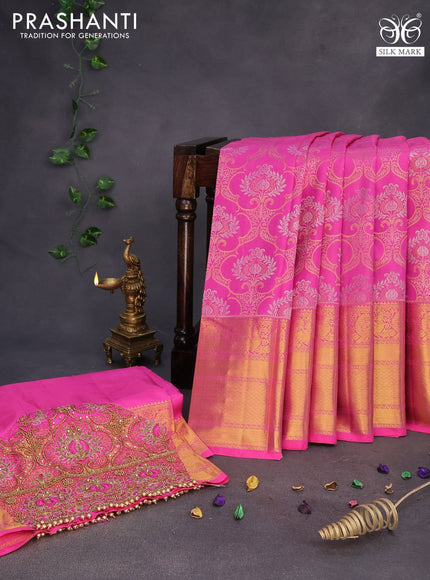 Pure kanchipuram silk saree pink with allover zari woven brocade weaves and long annam zari woven border & embroidery work blouse