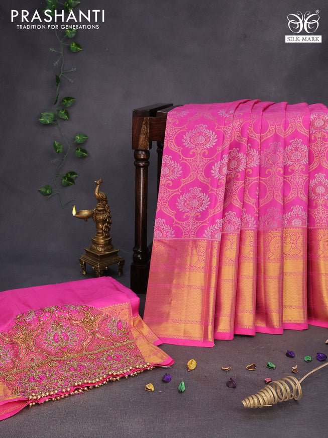 Pure kanchipuram silk saree pink with allover zari woven brocade weaves and long annam zari woven border & embroidery work blouse