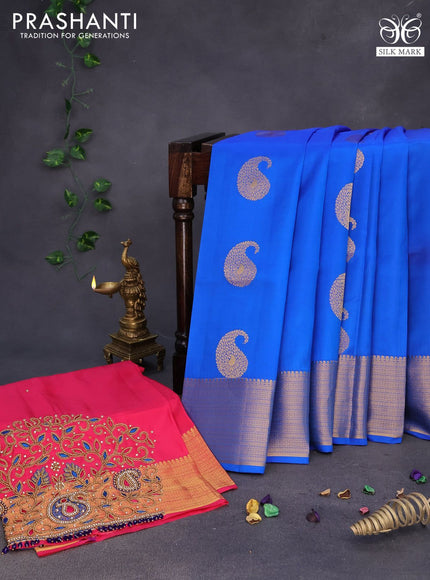 Pure kanchipuram silk saree blue and pink with paisley zari woven buttas and zari woven border & embroidery work blouse