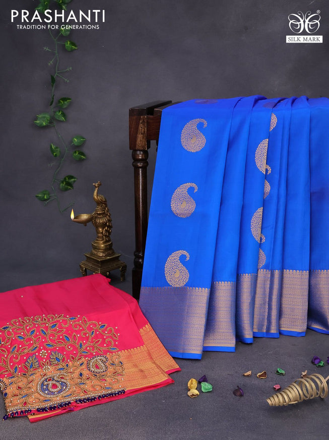 Pure kanchipuram silk saree blue and pink with paisley zari woven buttas and zari woven border & embroidery work blouse