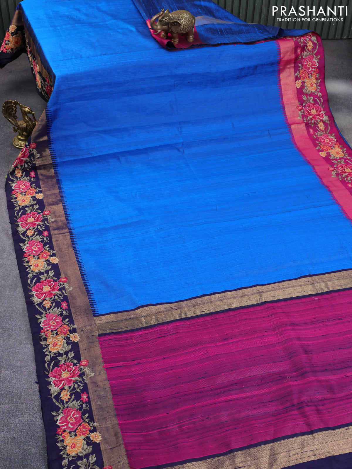 Pure dupion silk saree cs blue and dark blue with plain body and temple