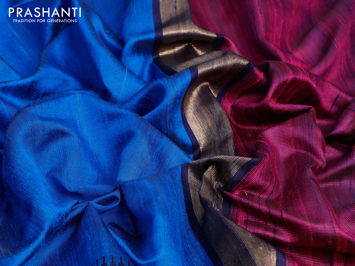 Pure dupion silk saree cs blue and dark blue with plain body and temple