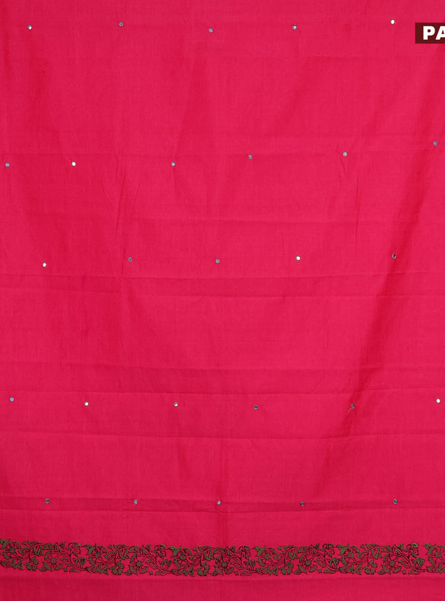 Poly cotton saree candy pink and grey with mirror & embroidery work and block printed border with separate blouse