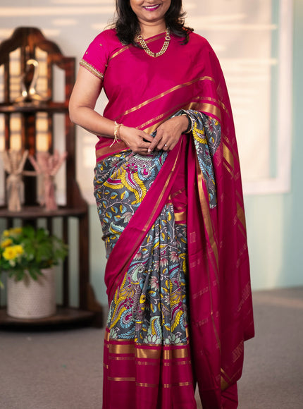 Pure mysore crepe silk saree grey and magenta pink with kalamkari prints and long zari woven border
