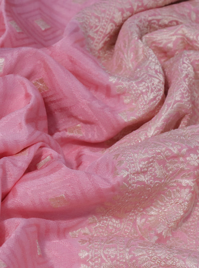 Pure banarasi crepe silk saree light pink with allover self emboss & zari buttas and woven border