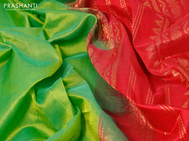 Silk cotton saree light green and red with plain body and zari woven korvai border