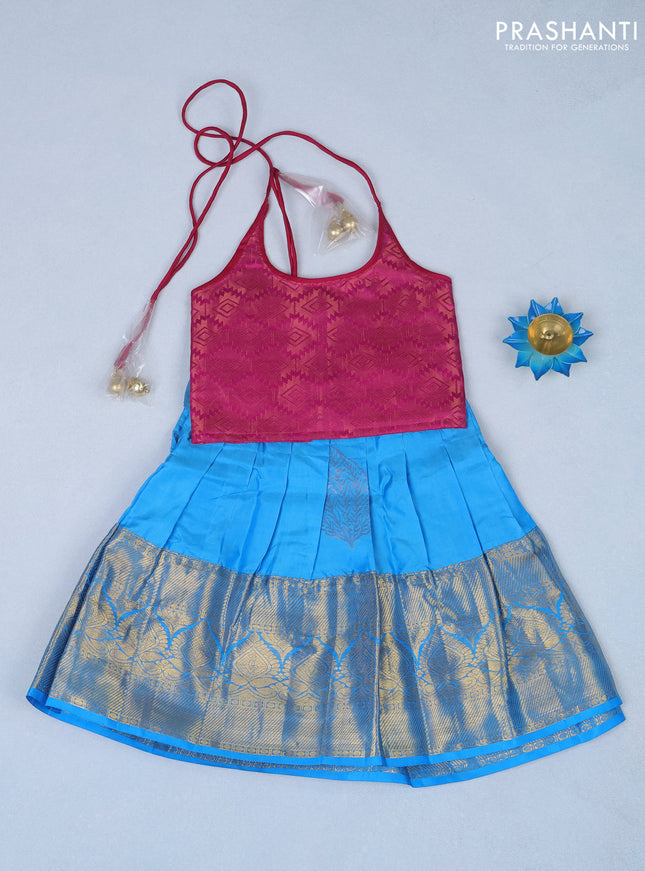 Silk kids lehenga pink and cs blue with zari woven brocade weaves and back knot & zari border for 0-6 months
