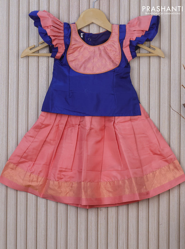Silk kids lehenga dark blue and peach shade with patch work neck pattern and zari woven border for 0-6 months