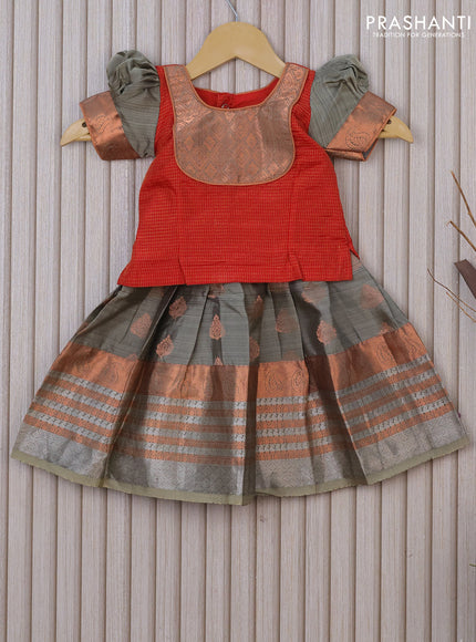 Silk kids lehenga red and grey shade with allover small checked pattern and zari buttas & zari border for 0-6 months
