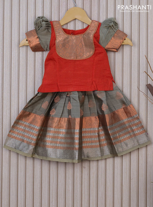Silk kids lehenga red and grey shade with allover small checked pattern and zari buttas & zari border for 0-6 months