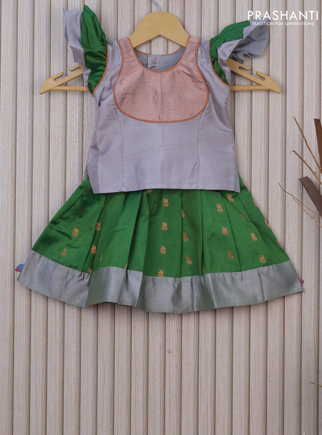 Silk kids lehenga grey and green with patch work neck pattern and woven border for 0-6 months