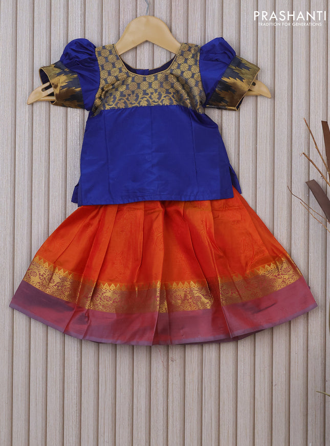 Silk kids lehenga blue and orange with patch work neck pattern and self emboss & zari border for 0-6 months