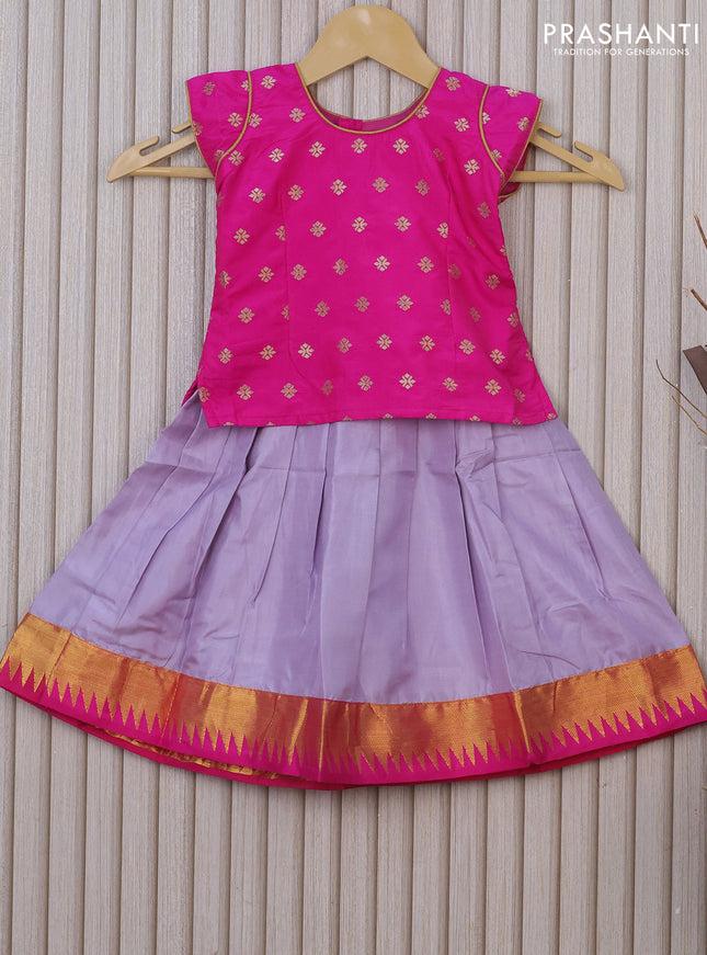 Silk kids lehenga pink and grey with zari woven floral buttas and zari woven border for 1 year