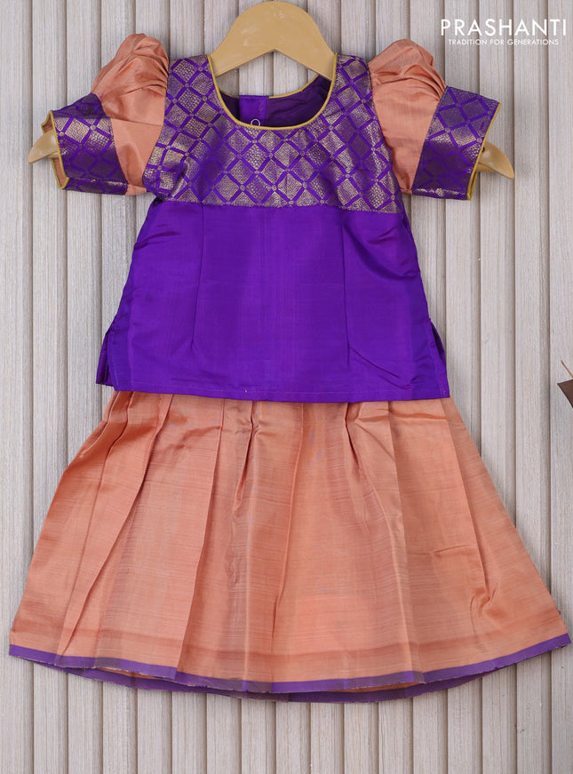 Silk kids lehenga violet and pastel peach shade with patch work neck pattern and piping border for 1 year