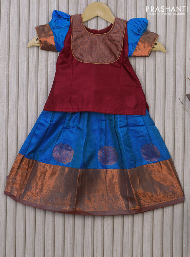 Silk kids lehenga maroon and cs blue with patch work neck pattern and allover self emboss & copper zari woven border for 1 year