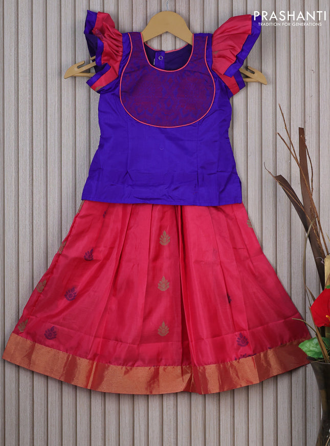 Silk kids lehenga blue and pink with patch work neck pattern and thread buttas & zari woven border for 3 years