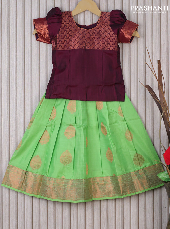 Silk kids lehenga deep maroon and pista green with patch work neck pattern and copper zari buttas & copper zari woven border for 3 years