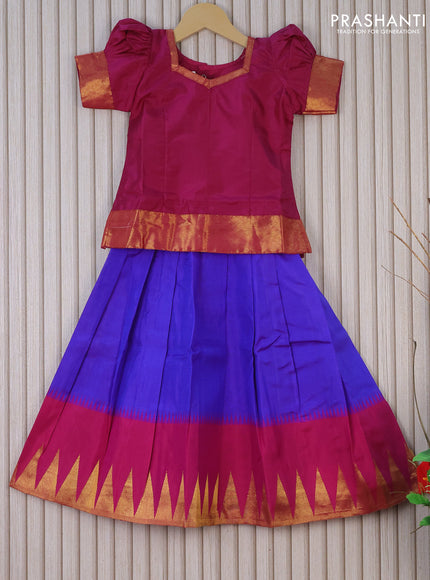 Silk kids lehenga dark magenta and blue with simple zari neck pattern and temple design zari woven border for 4 years