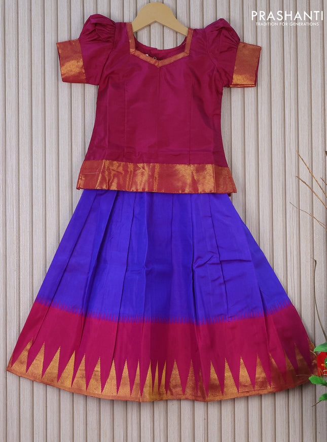 Silk kids lehenga dark magenta and blue with simple zari neck pattern and temple design zari woven border for 4 years