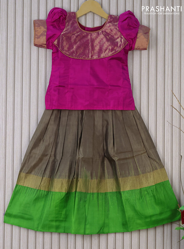 Silk kids lehenga magenta pink and chikku shade with patch work neck pattern and zari woven simple border for 4 years