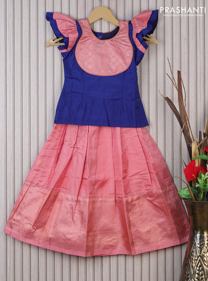 Silk kids lehenga blue and peach shade with patch work neck pattern and copper zari buttas & copper zari woven border for 5 years
