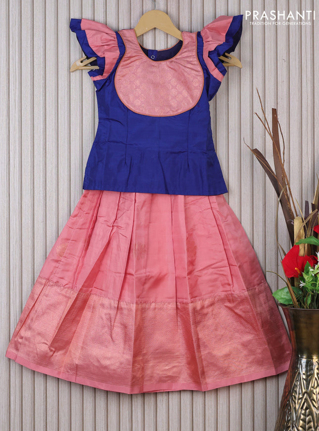 Silk kids lehenga blue and peach shade with patch work neck pattern and copper zari buttas & copper zari woven border for 5 years
