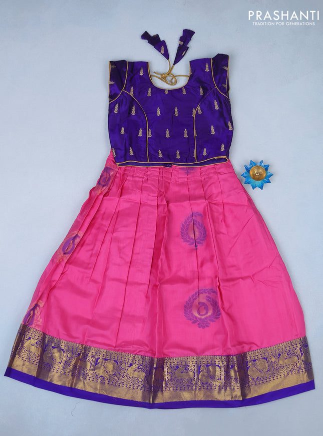 Silk kids lehenga blue and light pink with patch work neck & zari buttas and woven buttas & zari woven border for 5 years
