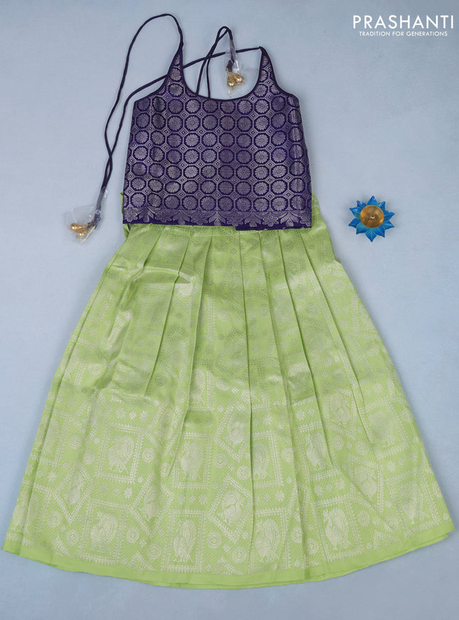 Silk kids lehenga navy blue and pista green with silver zari woven brocade weaves and back knot for 6 years