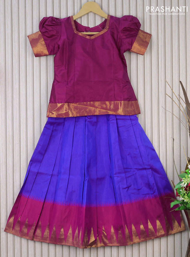 Silk kids lehenga magenta pink and blue with zari line neck pattern and temple zari biorder for 7 years