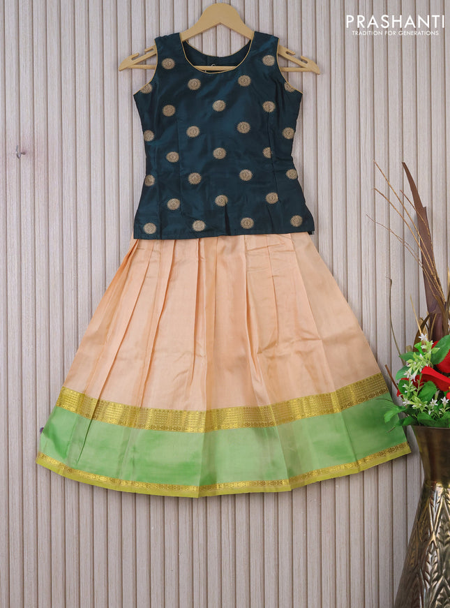 Silk kids lehenga dark green and cream with zari woven buttas and simple zari border & sleeve attached for 7 years